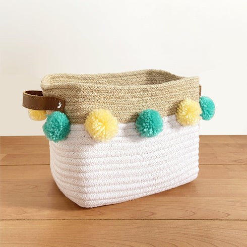 Jute & Cotton Rope Basket Small with Yellow and Teal Pom Poms